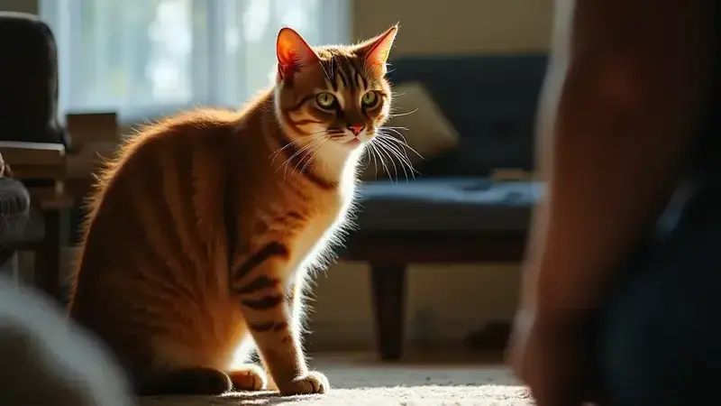 Un gato estresado mostrando comportamiento ansioso, como lamerse excesivamente o mirando con desconfianza.