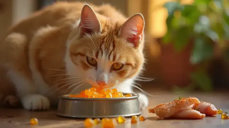 Grasas saludables para gatos en un plato.