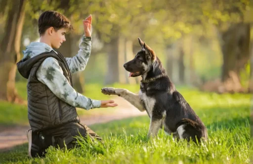Un perro sonriente recibiendo entrenamiento, con su dueño guiándolo en un parque.