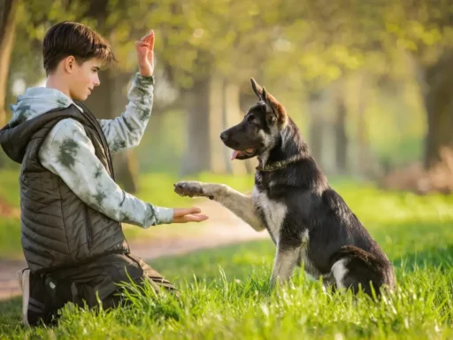 Un perro sonriente recibiendo entrenamiento, con su dueño guiándolo en un parque.