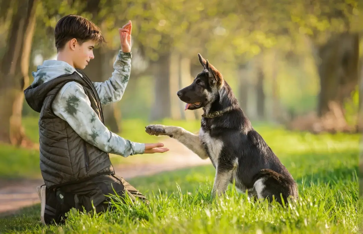 Un perro sonriente recibiendo entrenamiento, con su dueño guiándolo en un parque.