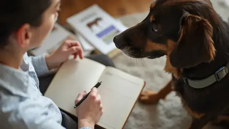Un dueño evaluando el progreso de su perro con un diario de entrenamiento.