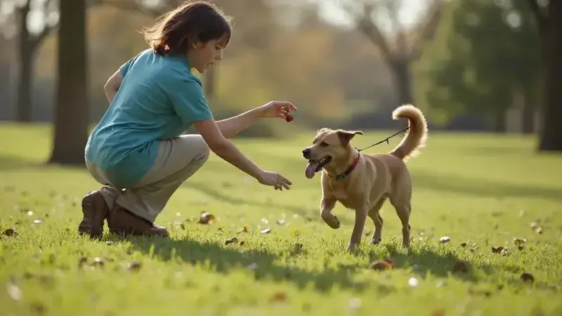 Un perro recogiendo un objeto mientras es entrenado por su dueño.